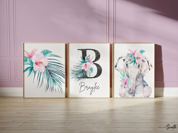 Baby girl pink elephant nursery art prints, floral tropical personalized gift girl, monogram gift baby girl, teal and pink tropical room art