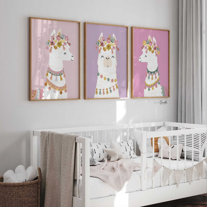 Llama flower crown baby room, baby decor llamas, nursery alpaca llama theme, print set llama succulents, llama art baby room, bedroom llama