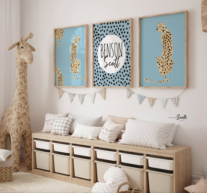 Baby blue leopard cheetah prints, blue jungle cheetah, boy safari nursery art personalized, unisex cheetah art, boho jungle blue vintage art