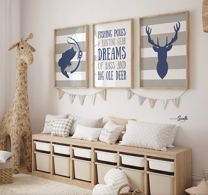 Deer & Bass Fishing Decor — Blue & Gray Hunting Nursery Prints