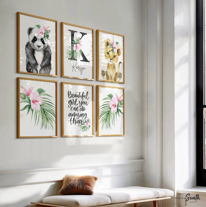 Animal nursery decor for girls, pink hawaiian flower animal prints, panda bear themed, pink tropical room art, wall art girl bedroom name