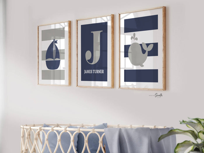 Nautical navy and gray nursery decor, personalized prints, boys name wall art, baby boy nautical room decor, nautical baby shower gift boy