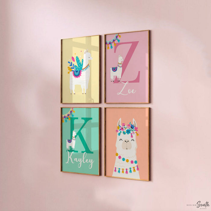 Girl twins nursery ideas, llama alpaca cactus sisters bedroom, twin girls nursery wall art print, pink coral mint, baby girl twin wall decor