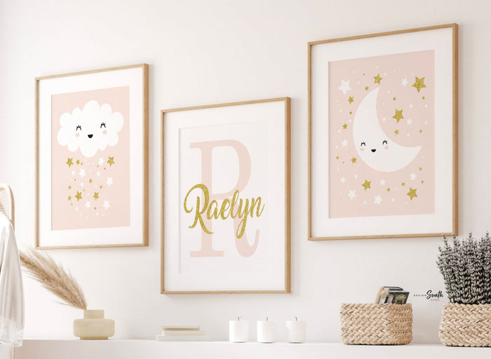 Blush and gold nursery, baby girl wall art, blush bedroom decor little girl, celestial moon star cloud gift, baby star art personalized name