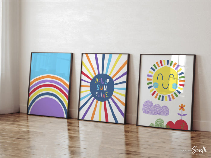 Sunshine nursery wall art, hello sunshine sun rays clouds, rainbow primary colors, girl boy playroom room wall art, unisex themes room idea