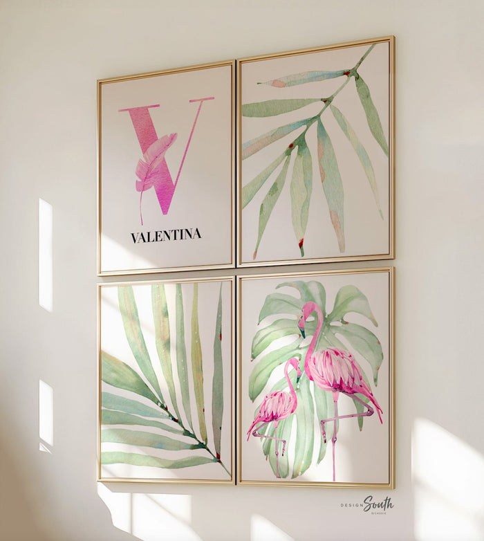 Tropical flamingo nursery, pink green nursery tropical baby, monstera leaf tropical theme baby, trendy nursery wall art decor baby girl gift