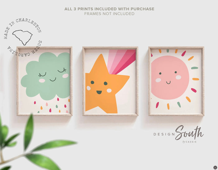 Sunshine nursery art, sunshine themed nursery decor, kids playroom wall ideas, baby shooting star art print set, pastel sun shooting star