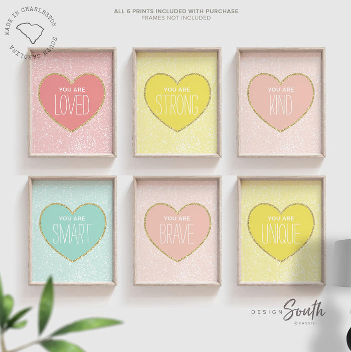 Pastel and gold girls room art, pastel hearts, wall art prints for girl, pink and gold hearts soft pastel pink posters, pink yellow and aqua