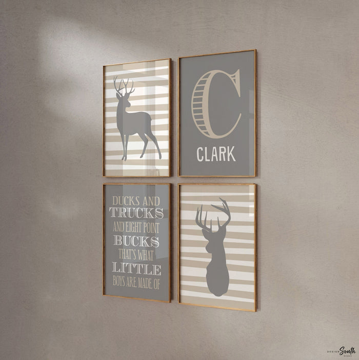 Deer nursery decor, boys nursery art, beige gray, hunting theme nursery, ducks and trucks, eight point bucks, what little boys are made of