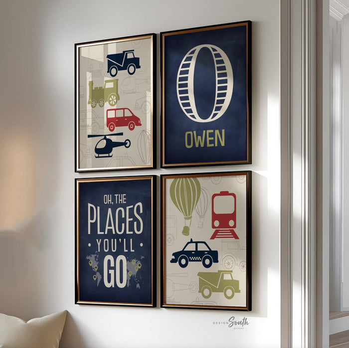 Transportation theme nursery, bedroom, or playroom, boys prints, boys decor, cars trucks train balloon, name print, oh the places you'll go
