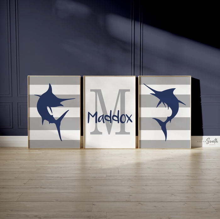 Marlin fish gift for boy, deep sea fishing wall art prints fishing nursery, boy saltwater fishing art, boy fishing bedroom personalized name