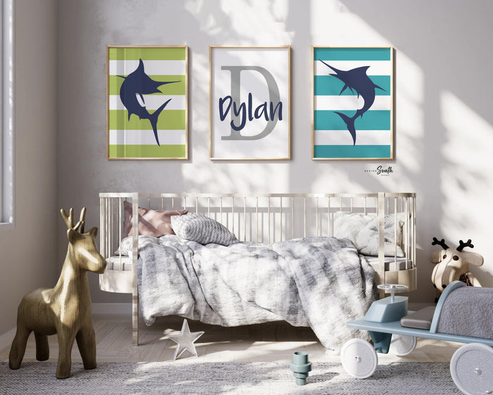 Boys nursery decor marlin fish jumping, navy turquoise lime green, boys room ocean fish decor, gift for boy fish, playroom toddler wall idea