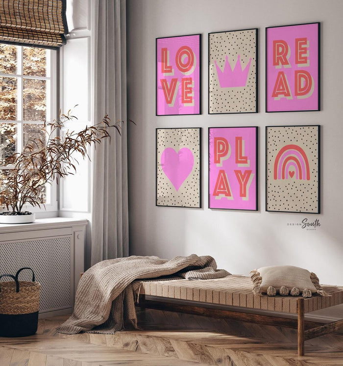Girls pink retro bedroom playroom or nursery art, rainbow heart crown love play read decor, decor for girls room, neon pink wall decor girls