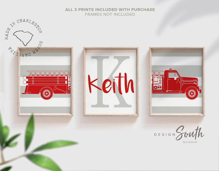 Red firetruck nursery decor, firefighter nursery art, firetruck kid art, firetruck theme, children firetruck wall art prints, personalized