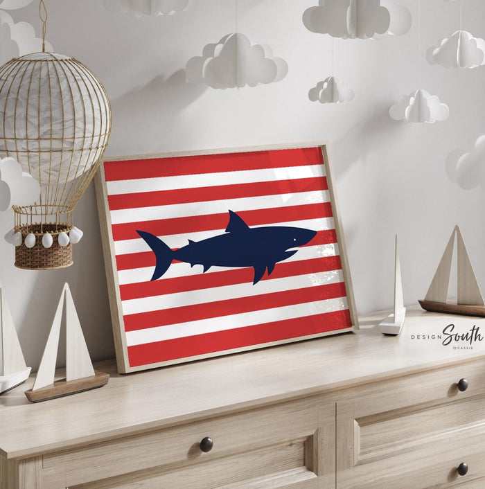 Boys nursery decor, shark nursery decor, blue and red, personalized art, shark nursery theme, shark theme, navy blue and red, boys wall art