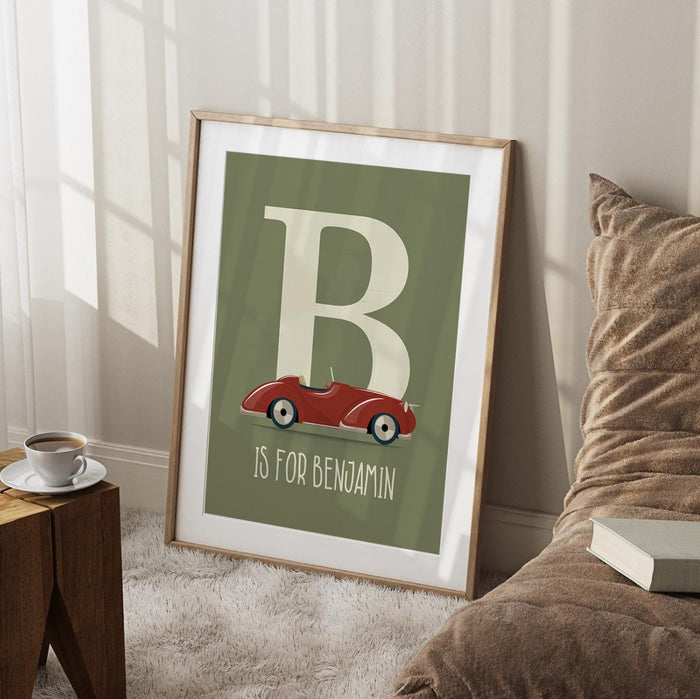 Red car kids room vintage retro sign, child's name transportation theme, decor little boy toddler, bathroom decor cars, old car art children