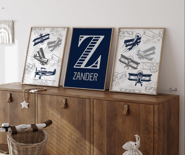 Airplane Nursery Art Prints: Boys Room Decor, Custom Monogram