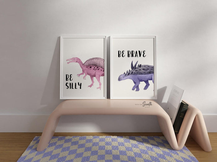 Boy/girl shared playroom wall dinosaurs, boy girl dinosaur wall art, playroom kids wall decor ideas, set of 6 inspirational wall prints kids