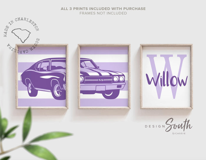 Purple car nursery bedroom wall art, purple muscle car, purple car classic chevrolet chevelle ss art set, purple car themed girl room decor