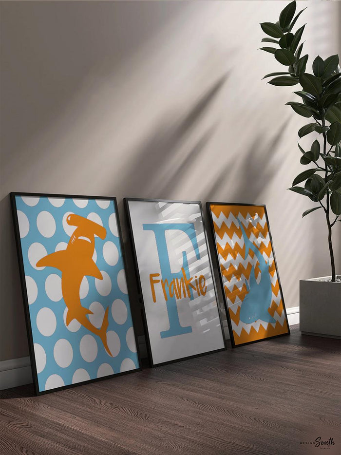 Shark orange and blue, orange shark nursery, baby boy wall art, baby boy nursery sharks, shark decor, shark baby boy gift orange blue, shark