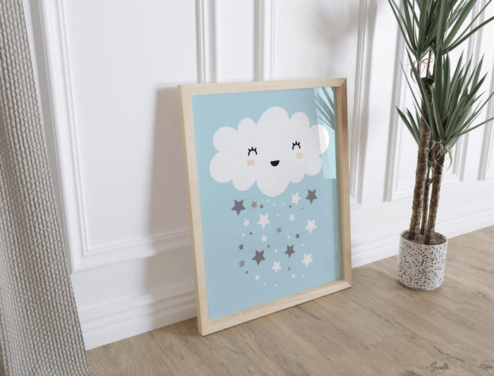 Baby blue and gray nursery for boy, baby shower gift for boy, newborn baby art, moon cloud stars, personalized baby boy art, baby wall decor