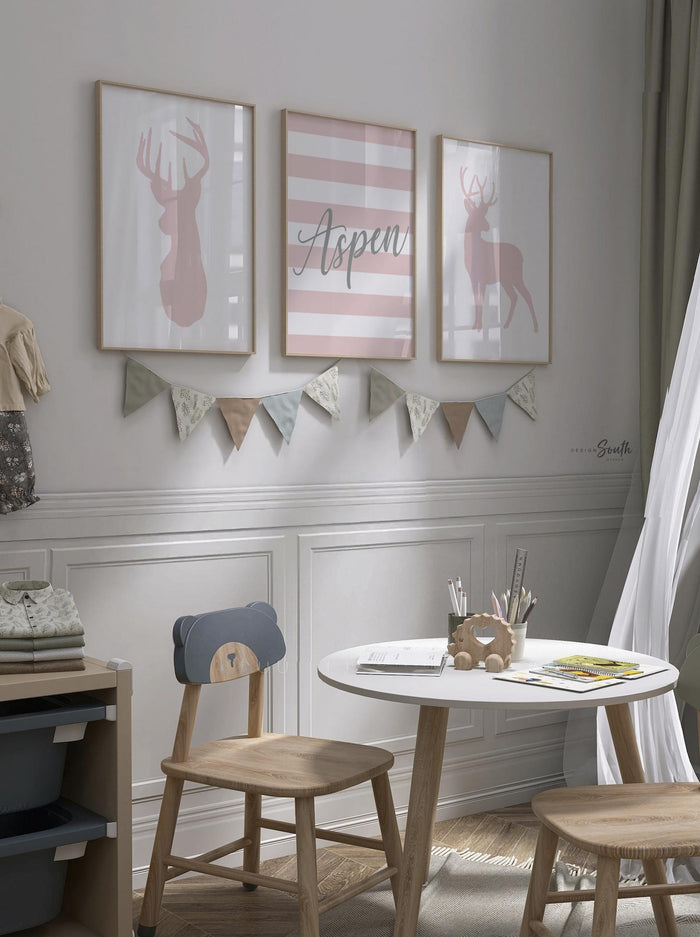 Pink & Gray Deer Nursery Art for Girls — Personalized Fawn Prints