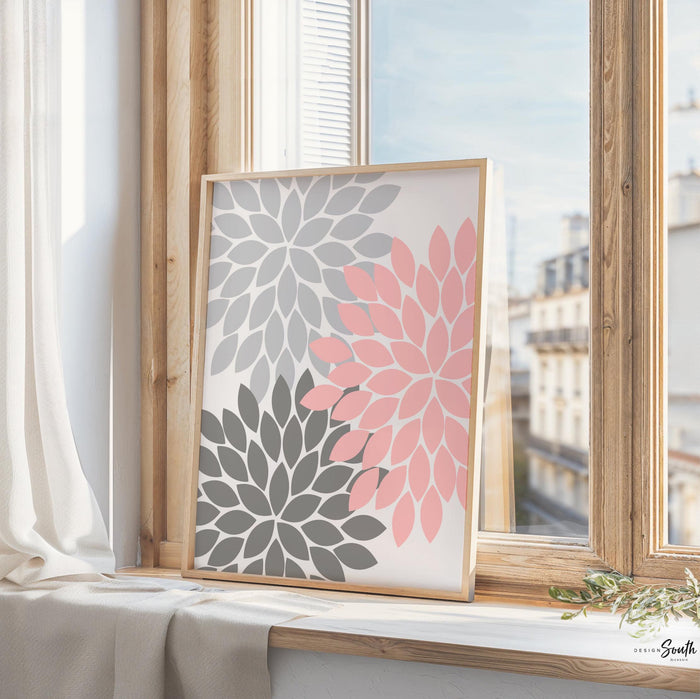 Baby girl nursery pink and gray, pink and gray flower nursery, pink and gray monogram nursery art, baby girl monogram art for nursery, pink