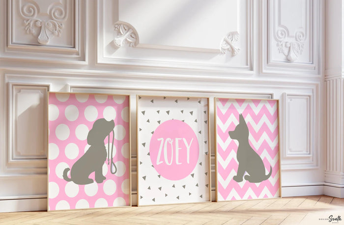Pink puppy art, girls puppy art, baby girl puppy nursery, girls nursery puppies, girls puppy nursery, pink gray, pink and gray puppy nursery