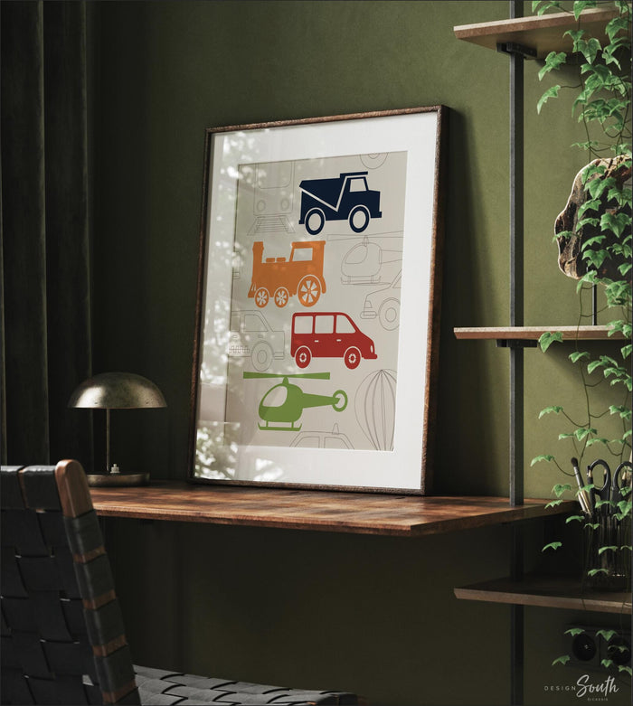 Transportation nursery decor, navy, red, green, orange, name print, transportation prints, helicopter, transportation nursery, train, trucks