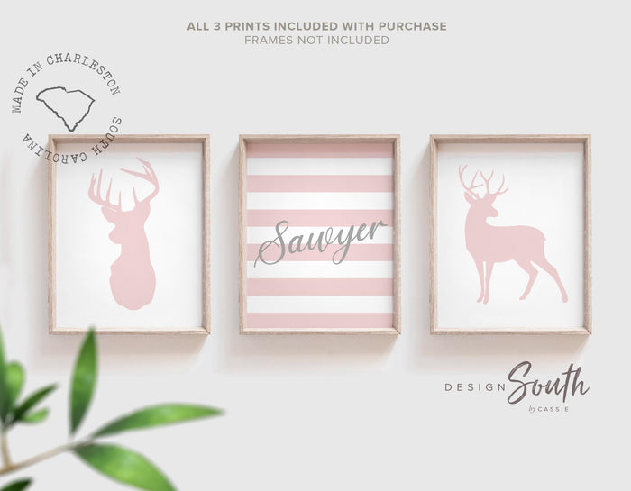 Pink & Gray Deer Nursery Art for Girls — Personalized Fawn Prints