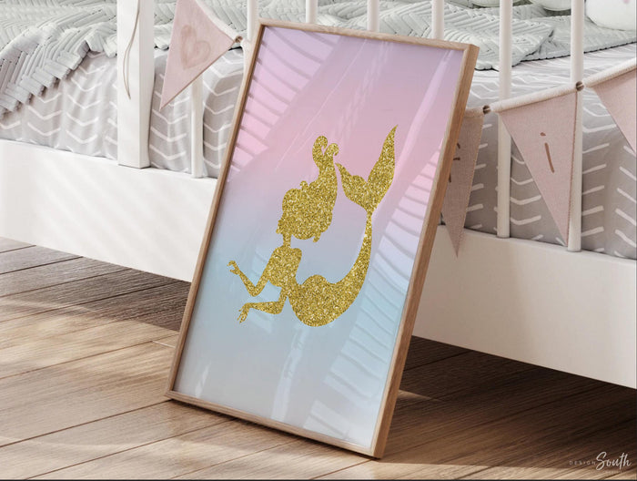 Girl's unicorn art pink gold glitter sparkle, unicorn mermaid theme wall decor, unicorn monogram girls name initial, wall art set pink gold