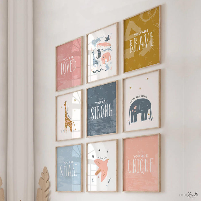 Pink animals little girl room, pink giraffe elephant fox safari jungle animals wall art set, girl bedroom decor, girl's modern pink nursery