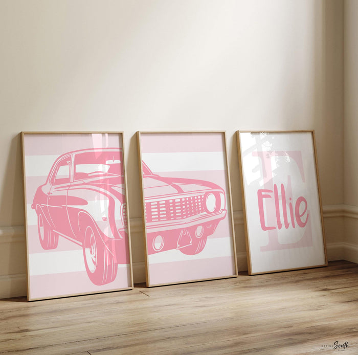 Pink 1969 chevy camaro ss350, camaro car themed big girl room, antique car print tom girl, girl car wall decor chevy camaro ss350 wall art