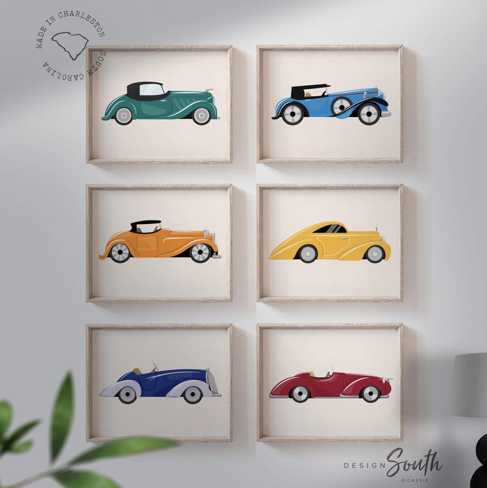 Retro car nursery art prints, vintage car wall decor for boys, set of 6 colorful prints, baby boy room, toddler bedroom, playroom decor cars