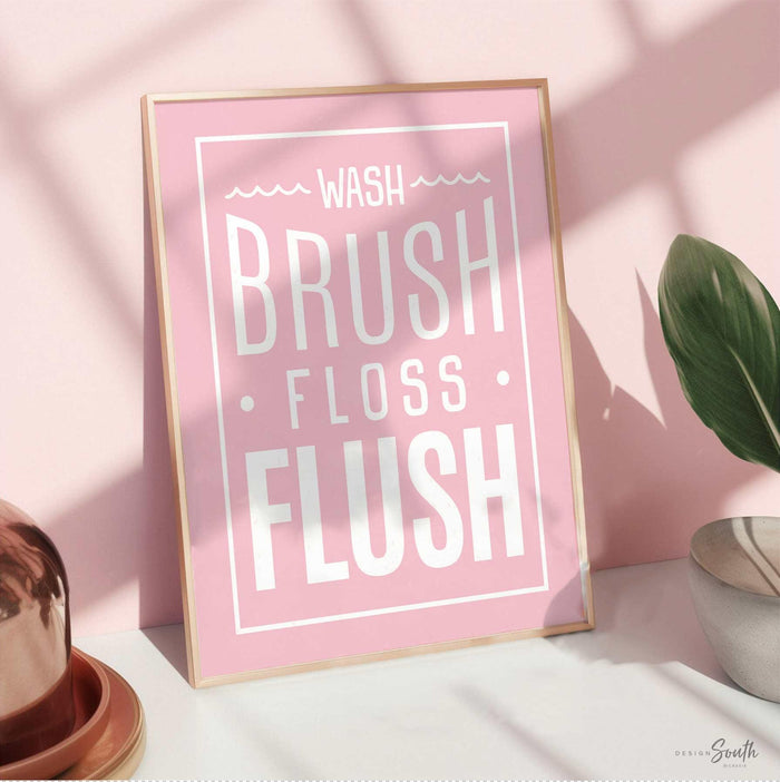 Pink bathroom print for girls, pink bathroom wall decor, wash, brush, floss, flush wall art, pink bathroom decor, pink and white art girls