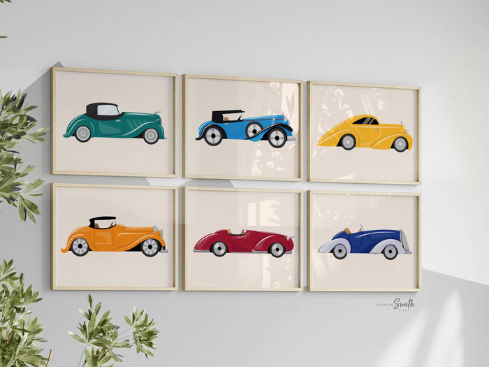 Retro car nursery art prints, vintage car wall decor for boys, set of 6 colorful prints, baby boy room, toddler bedroom, playroom decor cars