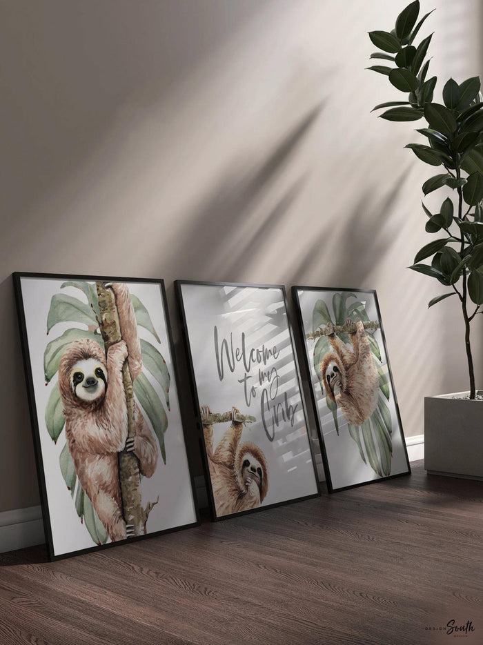Sloth wall art set, sloth themed baby nursery, sloth nursery ideas, sloth tropical rainforest room decor, neutral sloth green gray newborn