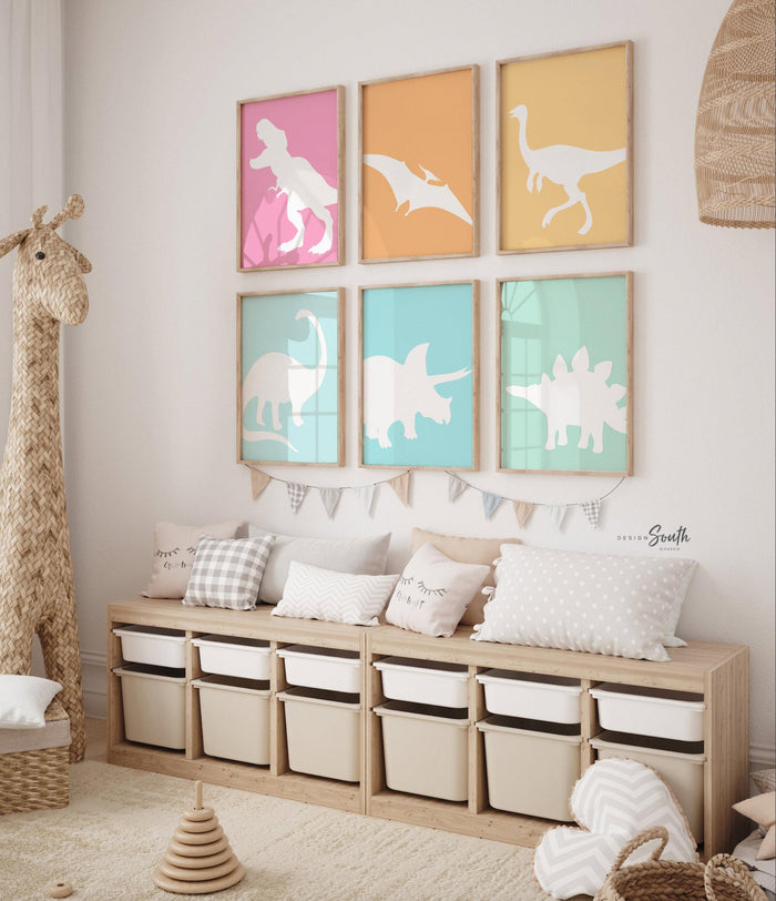 Pastel Dinosaur Wall Art — Pink Girls' Dino Nursery Prints