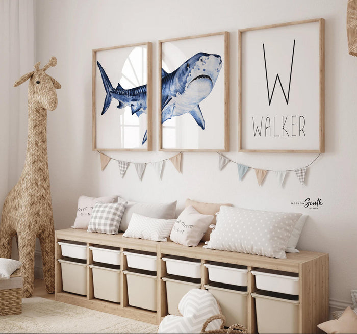 Personalized shark nursery gift, shark toddler boy bedroom theme, art prints shark with boys name, baby boy shark nursery wall, shark gift