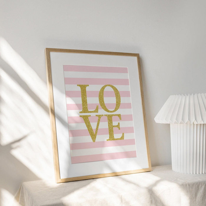 Love print, gold and pink love print, girls nursery decor, pink and gold, girls love nursery, girls nursery art, stripes, bathroom print