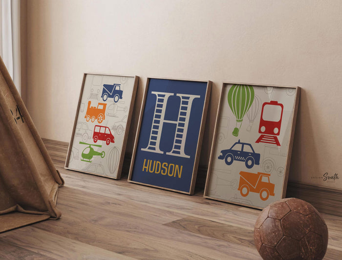Transportation nursery decor, navy, red, green, orange, name print, transportation prints, helicopter, transportation nursery, train, trucks