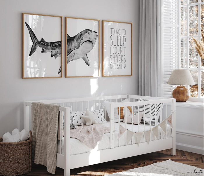 Shark nursery, to go to sleep I count sharks not sheep, shark boy bedroom theme, art prints shark and quote boy, baby boy shark nursery wall