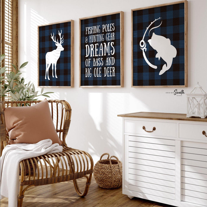 Blue buffalo plaid deer nursery decor, boy deer nursery, hunting theme nursery, blue black bass fish deer hunter themed nursery, hunting kid