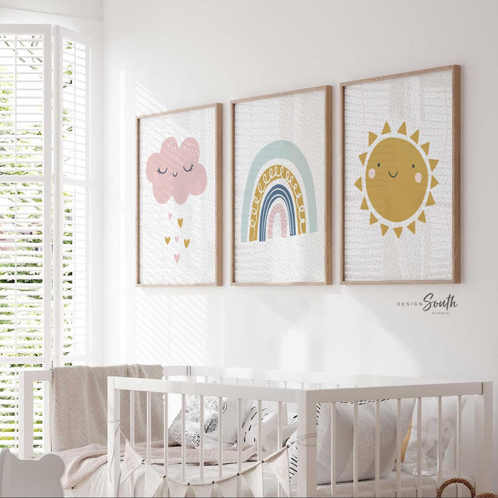 Sun rainbow cloud wall art, raining hearts nursery prints, pastel kids room decor, set of 3 baby girl nursery, playroom wall art prints