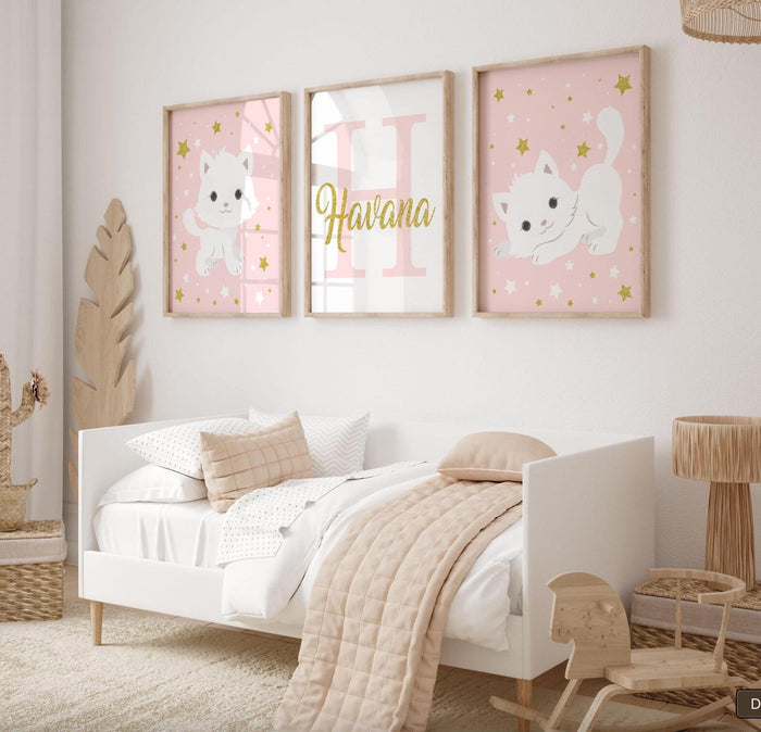 Nursery cat wall art, baby girl room animal, kitten nursery, cat lover room pink, kitten cute cat nursery wall, cat themed, custom baby name
