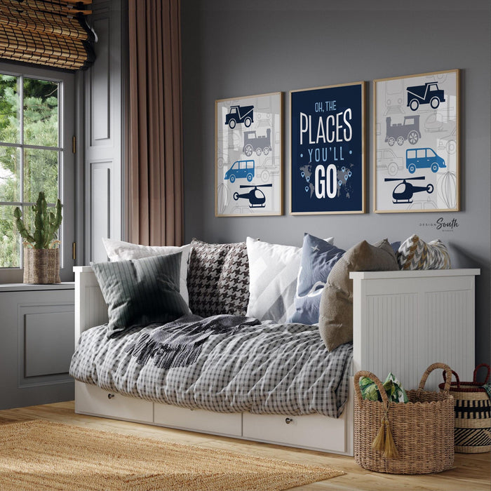 Transportation boys room wall art cars trains helicopter, navy blue and gray cars, boy bedroom decor, car bedroom boy, car decor boy room