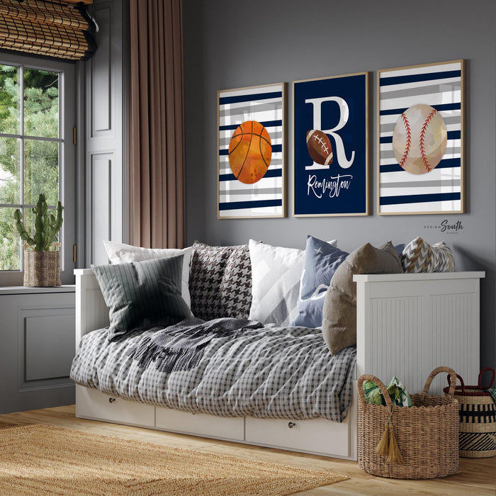 Sports room art, sports wall prints customized kids name, nursery decor sports theme, set of three above crib sports, boy bedroom sports art