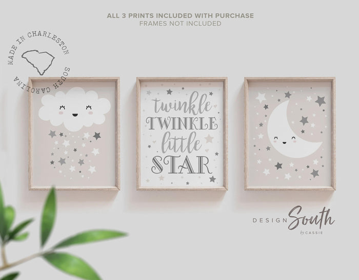 Gender neutral nursery wall art set of 3, twinkle twinkle little star quote, gray moon cloud and stars prints, unisex baby room decor prints