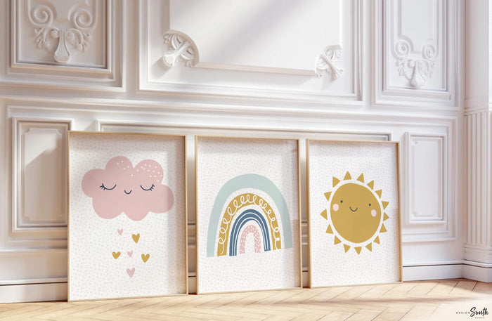 Sun rainbow cloud wall art, raining hearts nursery prints, pastel kids room decor, set of 3 baby girl nursery, playroom wall art prints