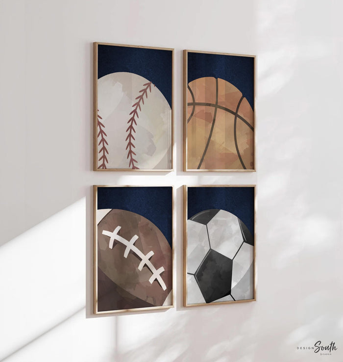 Boys Sports Nursery Art: Baseball, Basketball, Football, Soccer - Set of 4